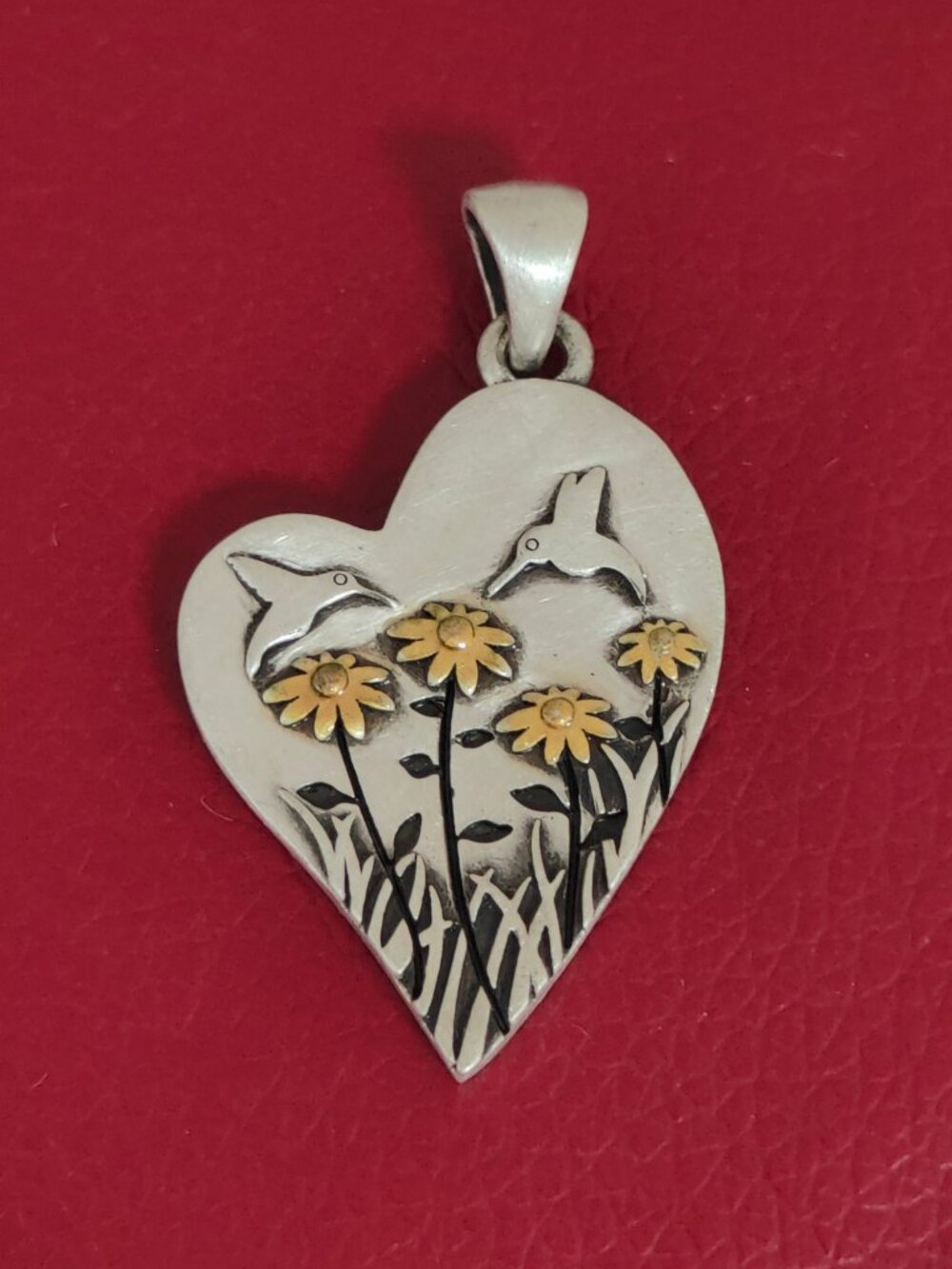 Hummingbirds and Gold Daisy Flowers Pendant Vintage Sterling Silver Heart Charm